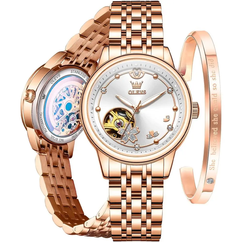 

Женские автоматические часы OLEVS класса люкс с бриллиантами, водонепроницаемые, с автоподзаводом, ремешок Ceic, комплект из часов и браслета для женщин