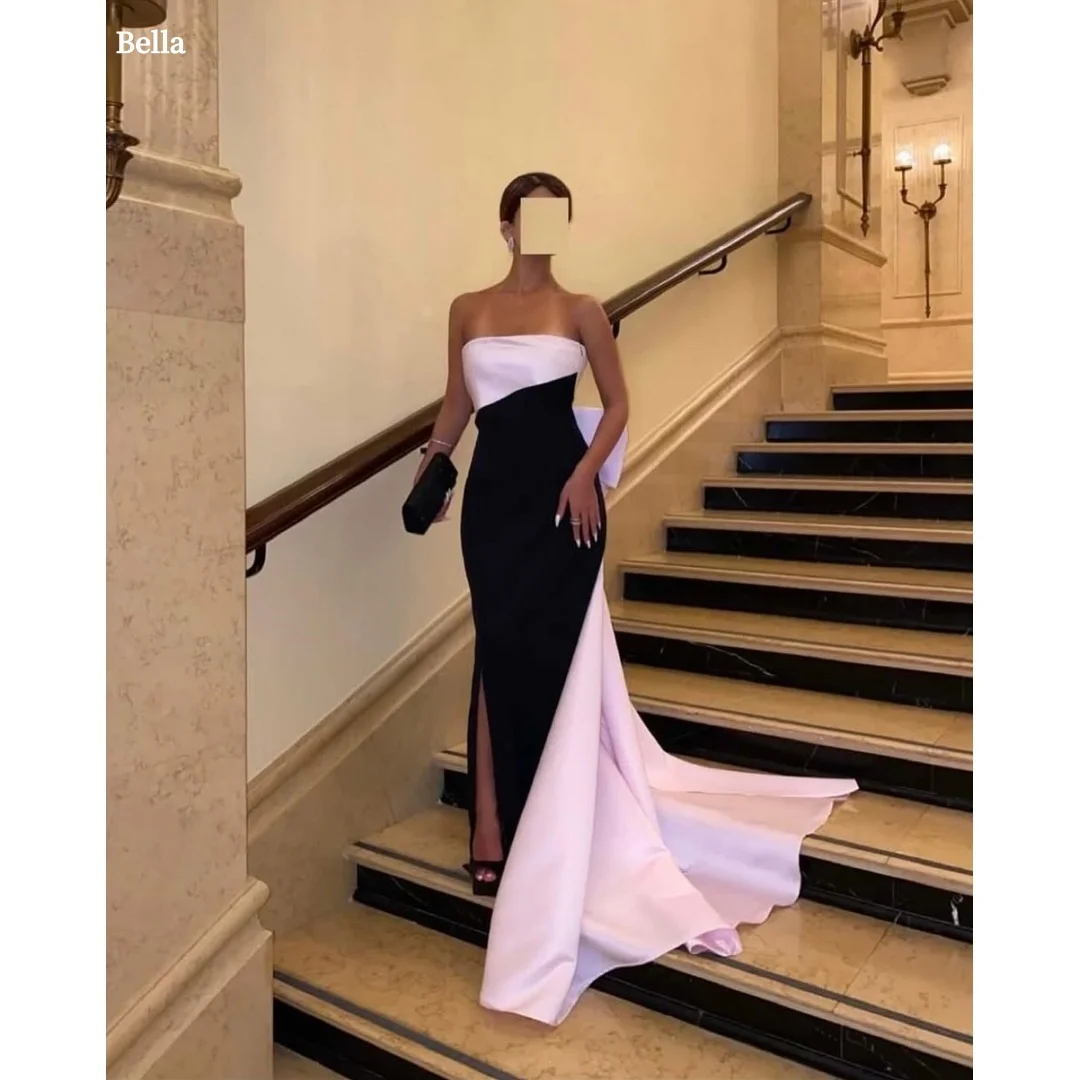 

Bella Customized Black Pink White Contrast Strapless robes de soirée High Slit Mermaid Train Gown Elegant Party Dresses Stylish