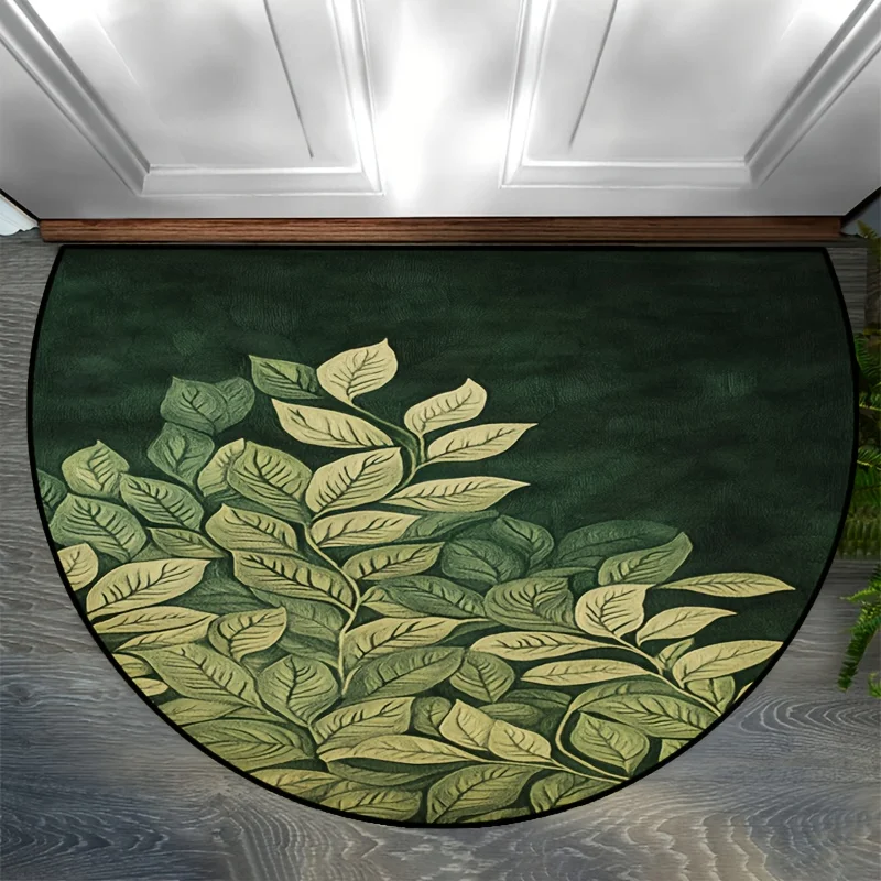 Deep Green Background Light Leaf Cluster Half Circle Door Mat Tropical Non-Slip Entrance Rug for Jungle Theme