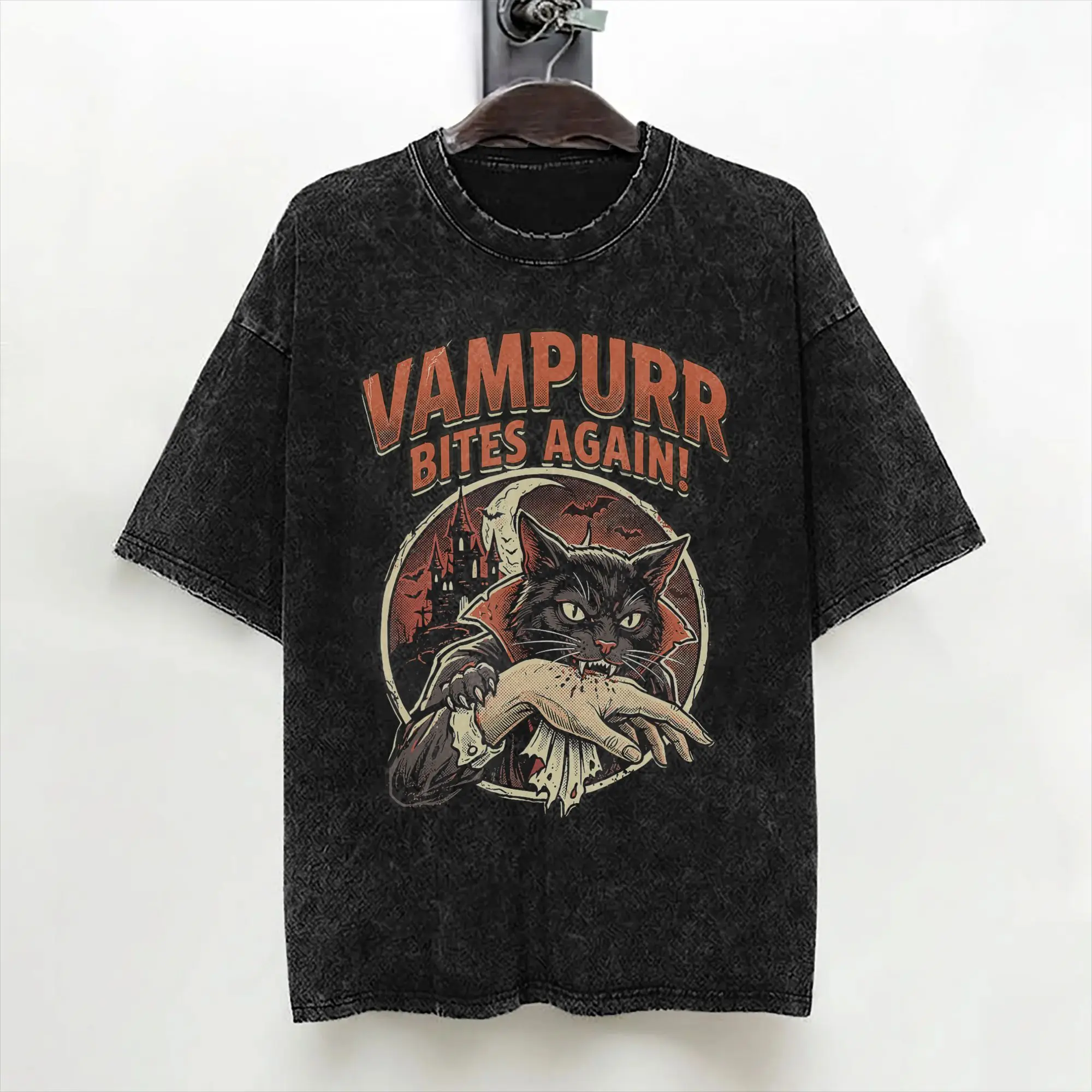 Vampurr Bites Again Halloween Vampire Cat Washed T Shirts Streetwear T-Shirts  Tees for Men Women 100% Cotton Oversize Summer