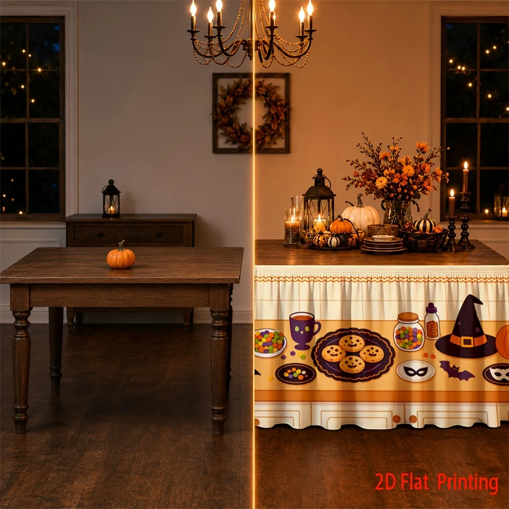 2D flat patterned table skirt - Halloween table skirt - Printed polyester festive scary cute imaginative kitchenzyc