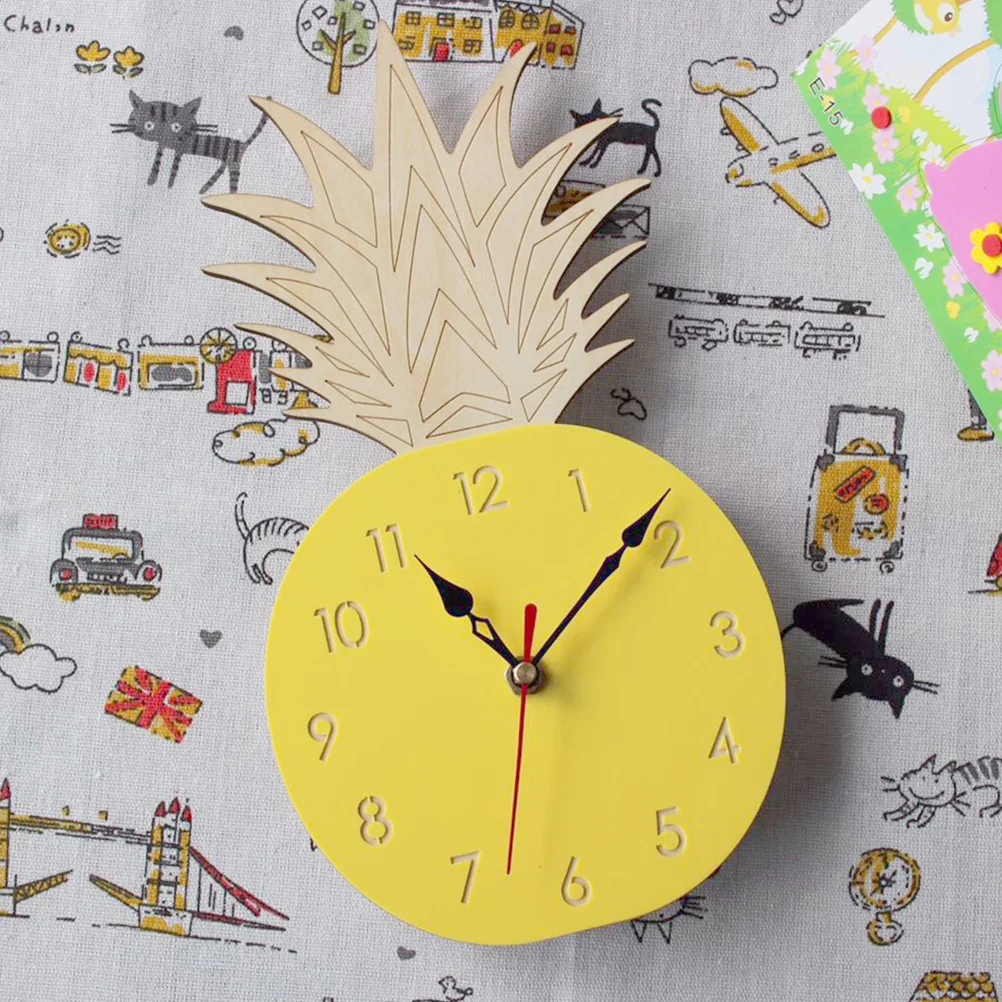 

Clock Yellow Watch No Noise Cartoon Wall Childrens Fruit Shaped Pineapple for Room