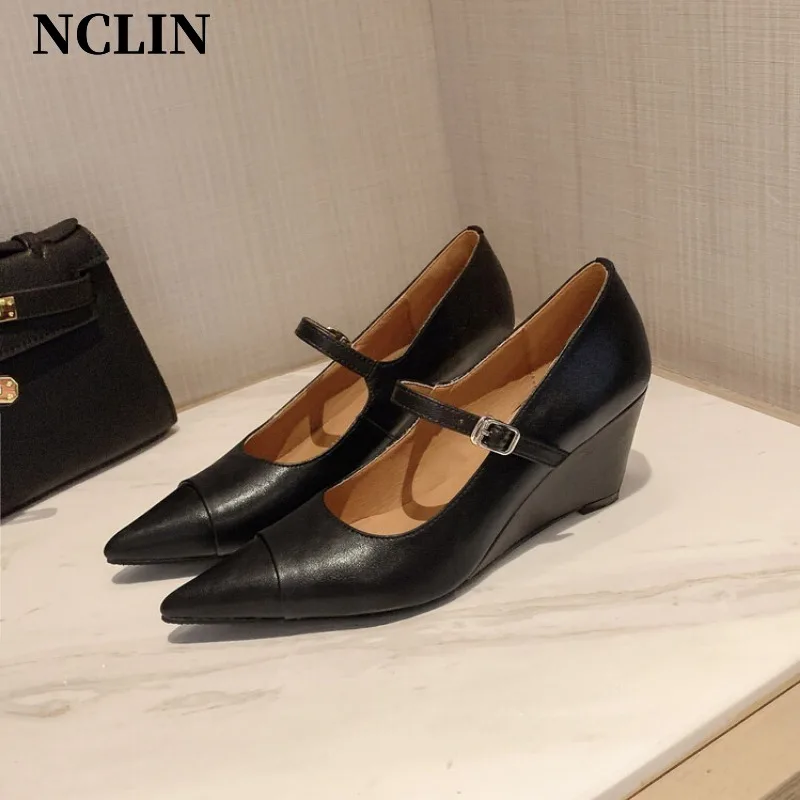 2024 New Spring/summer Women Shoes Split Leather Women Pumps Pointed Toe Chunky Heel Loafers Shoes for Women High Heels Handmade