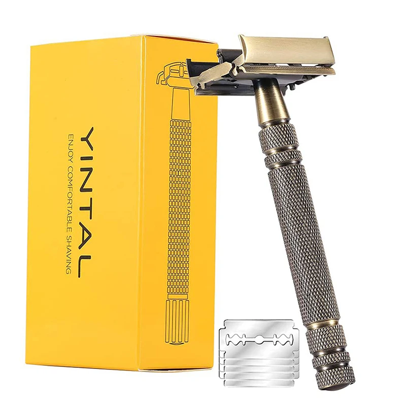 

YINTAL Men's Bronze Classic Double-sided Manual Razor Long Handle Brass Safety Razors Shaving 1 Razor 5 Blades