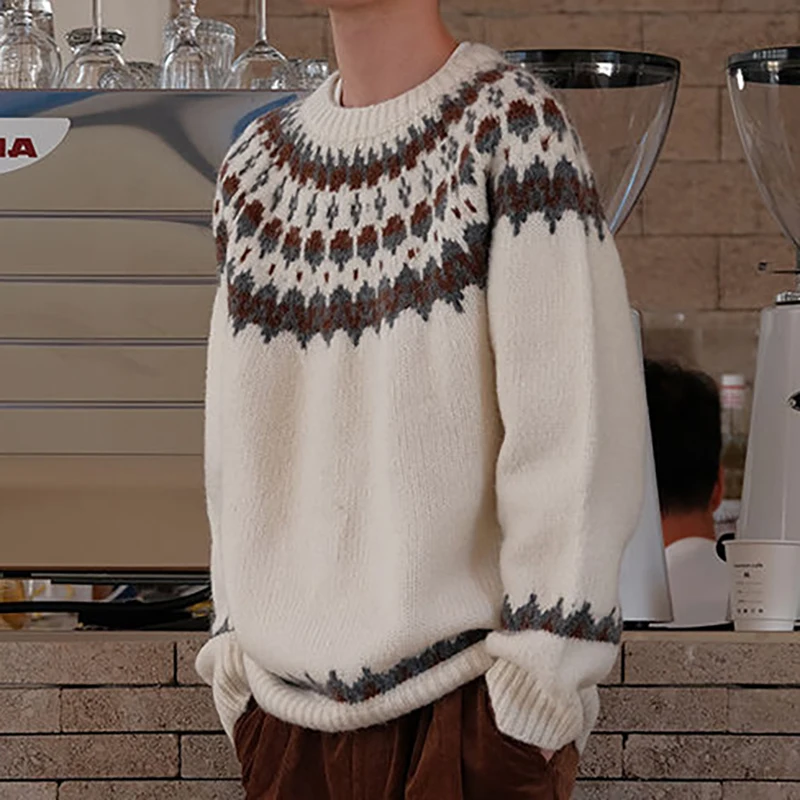 Fair Isle Jacquard Sweater Male Crew Neck Knitwear Pullover Autumn Winter Thickened Christmas Sweater Men Comfortable Knitted