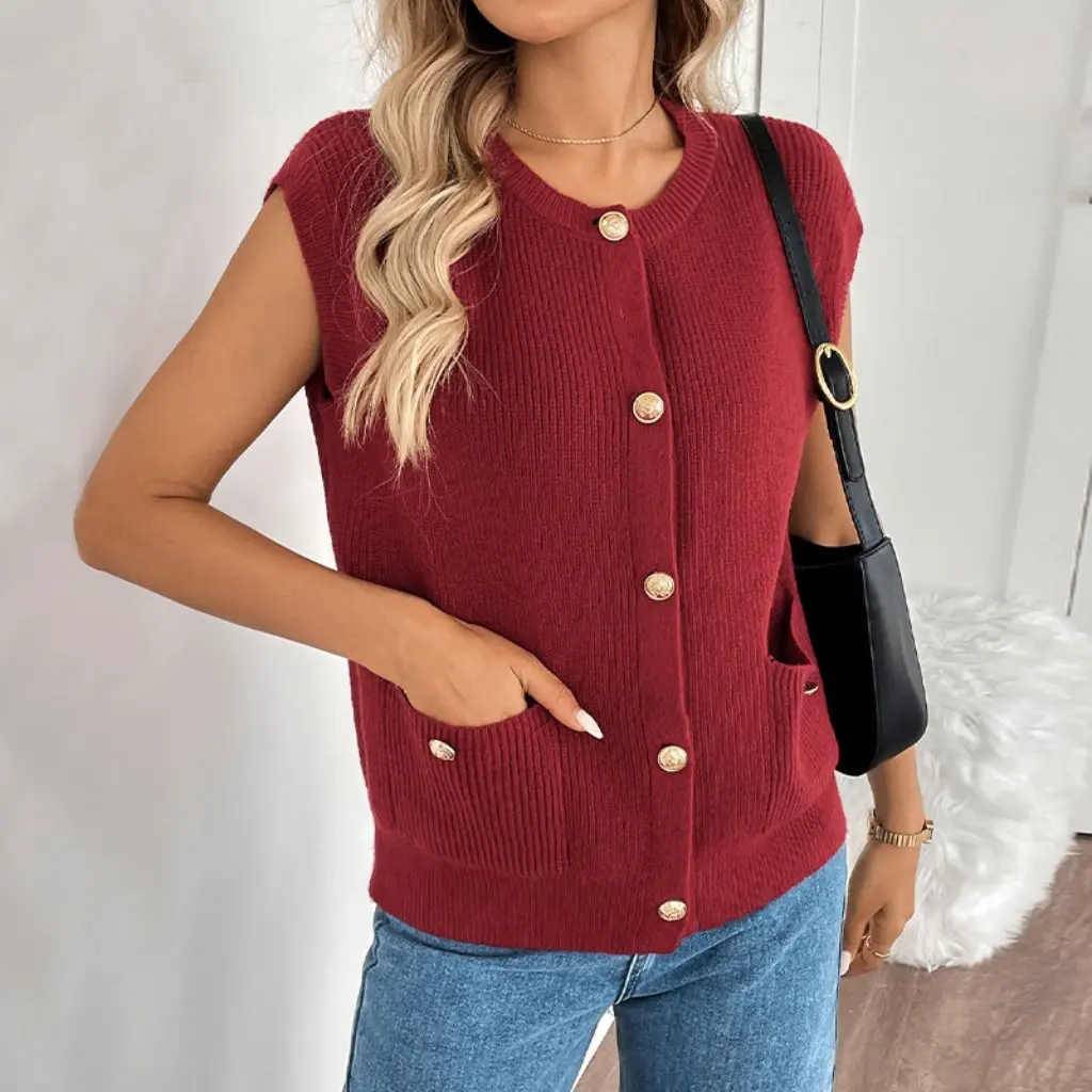 

Autumn Winter Knitted Vest Sleeveless Red Sweater Cardigan for Women European American Style Valentine's Day Gift