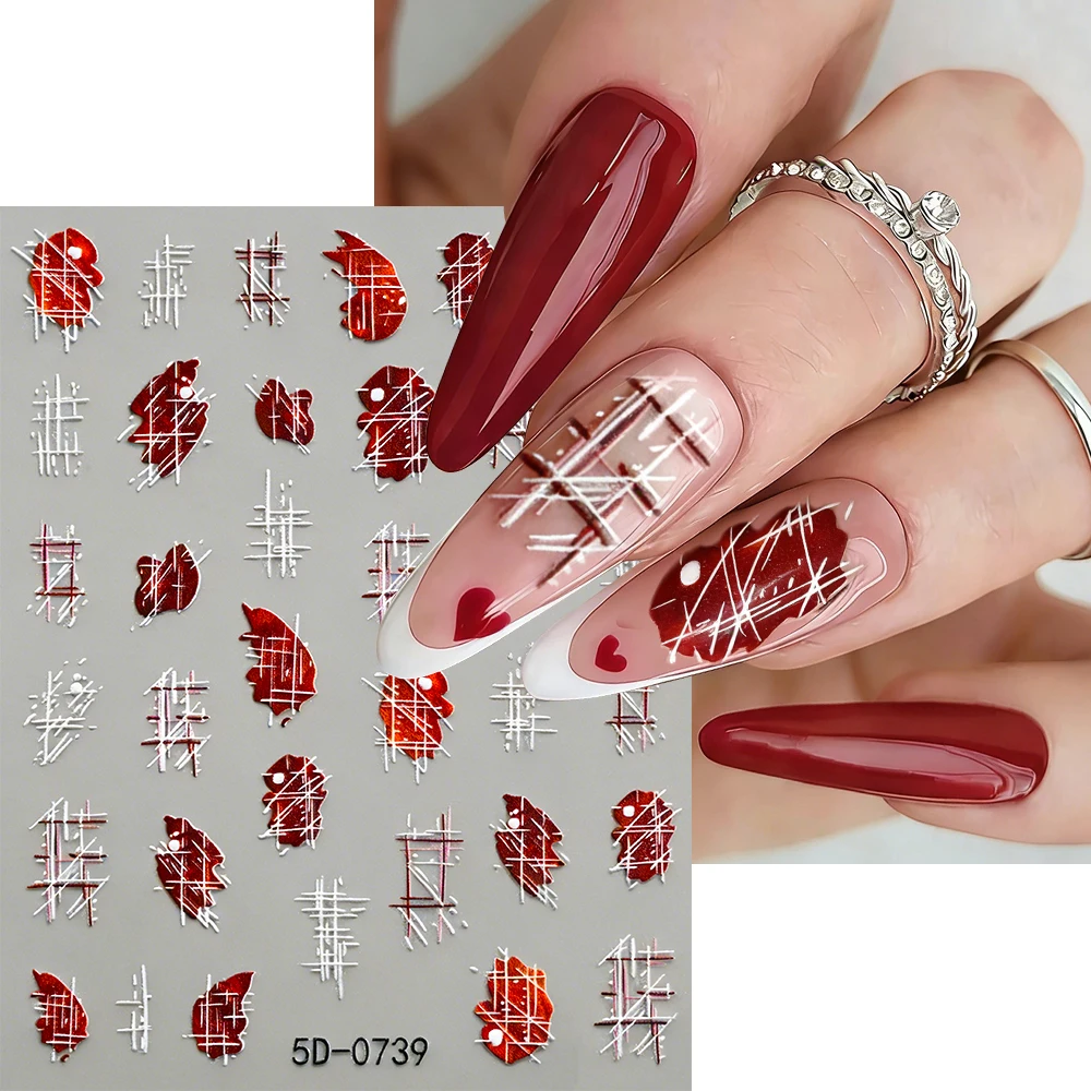 1pc 5D Relief Retro Red Checkered Nail Stickers Long Lasting Waterproof Nail Decals For Women Daily Wear Date Gift DIY Manicure*