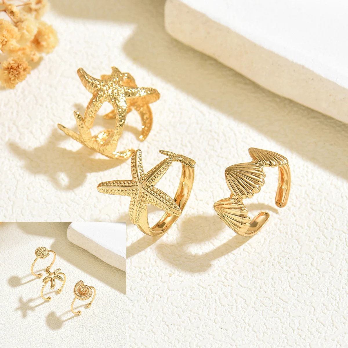 3Pcs/Set Gold Color Starfish Shell Open Ring Set Boho Coastal Stackable Rings For Women Summer Beach Jewelry