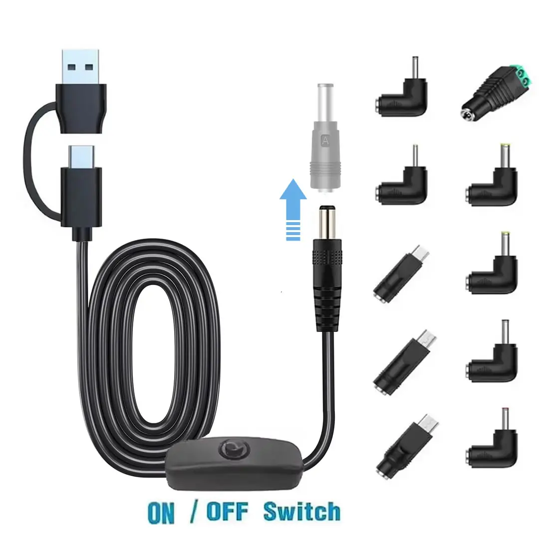 

Комплект кабелей питания USB C типа C к постоянному току с переключателем ВКЛ-ВЫКЛ 10 Разъем постоянного тока Адаптер 5 В USB-кабель для зарядки