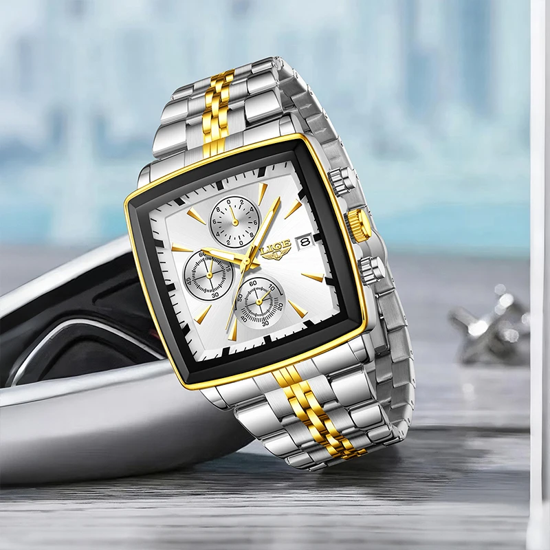 LIGE Business Men's Watches Square Waterproof Luminous Sports Quartz Watch Stainless Steel Strap Calendar Relogios Masculino+Box view 4