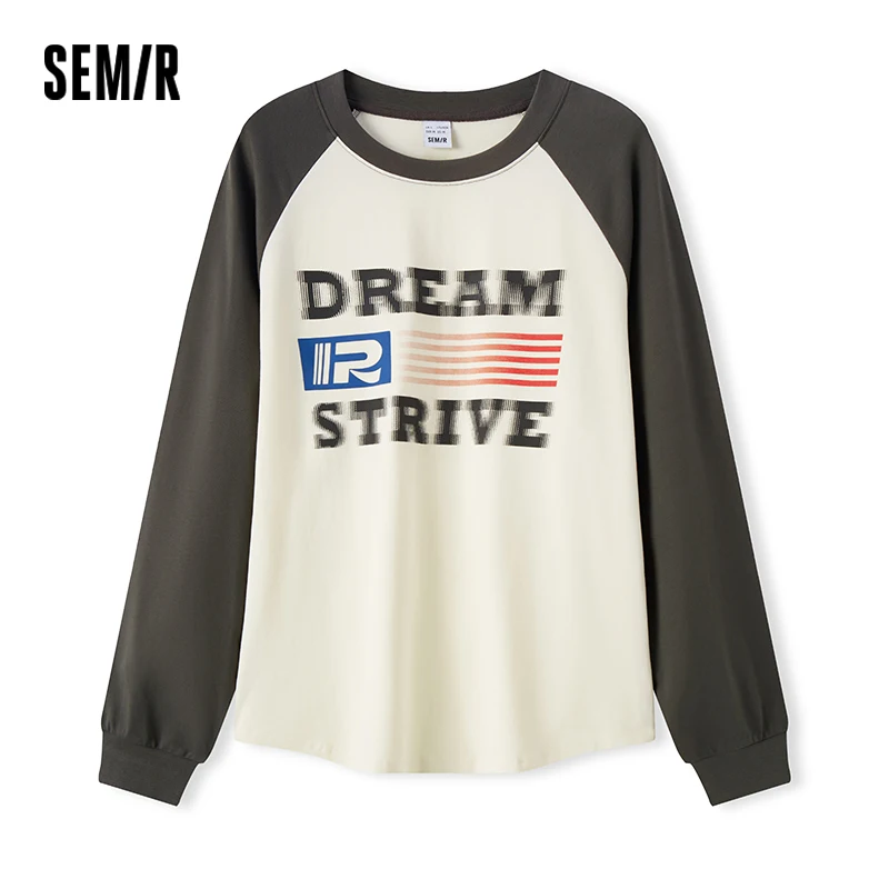 Semir Long Sleeve T-Shirt Men 2024 Spring New Contrast Color Raglan-sleeved Top Vintage American Printed