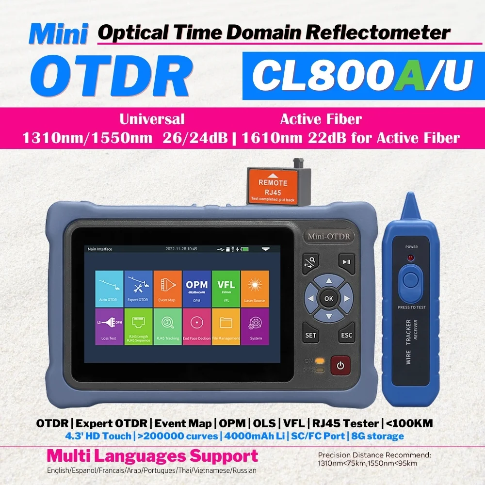 Fiber Apc Upc Mini OTDR Optical Time Domain Reflectometer 60-100KM 1310/1550nm 1610nm Active