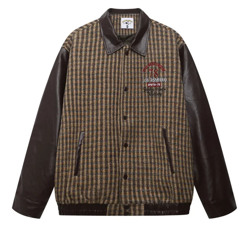 2025 autumn and winter loose and trendy couple jacket, American retro contrasting color letter embroidery checkered lapel jacket