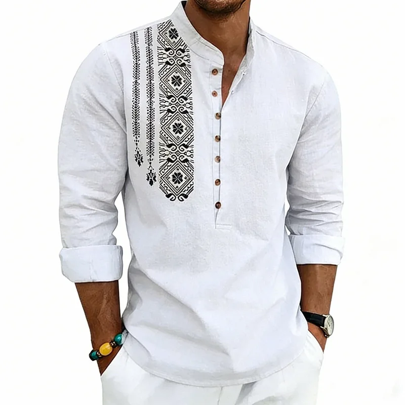 

Spring Summer Men's Linen Blend Stand Collar Shirt Vintage Ethnic Printed Casual Loose Workwear Shirt