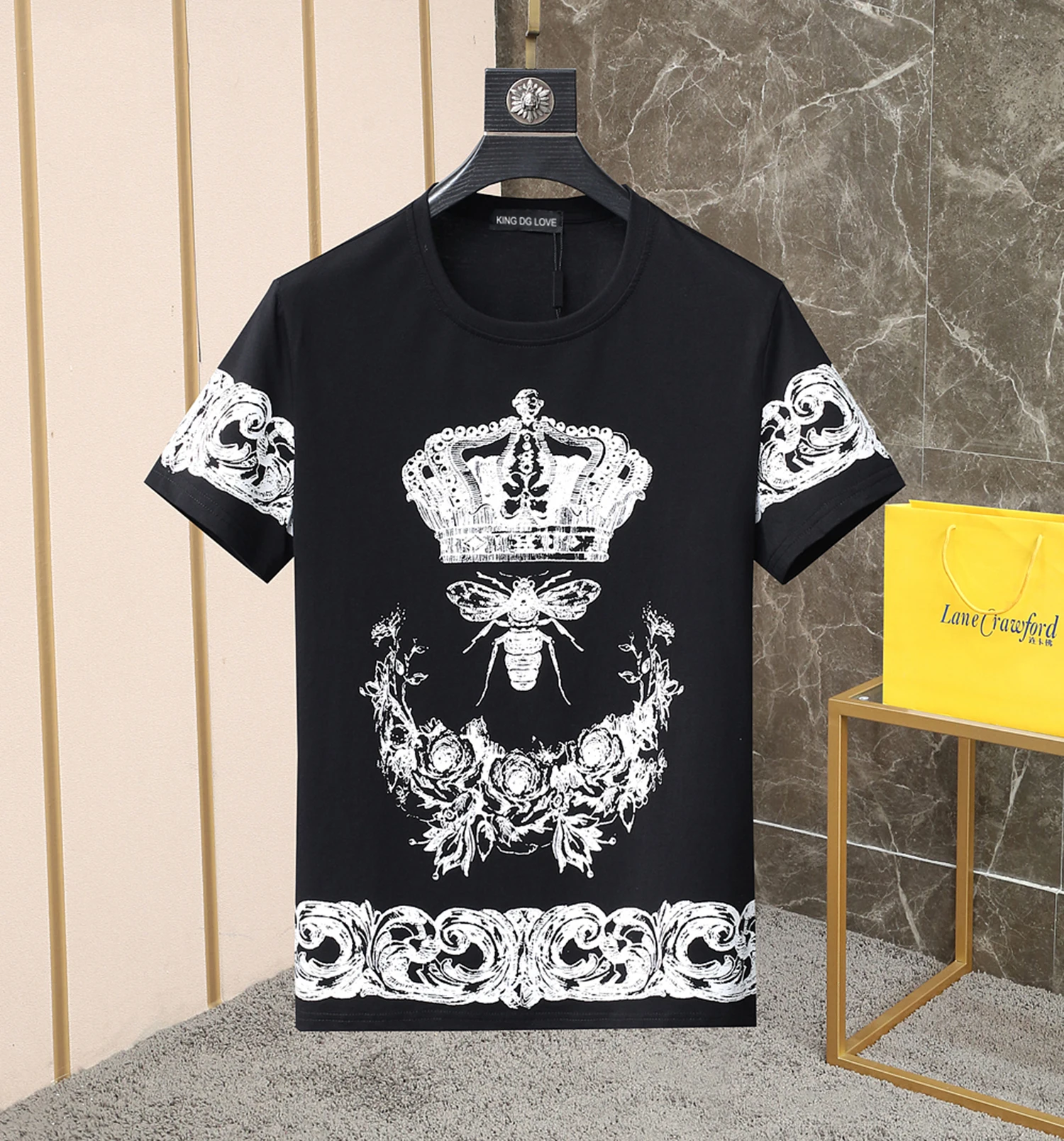 2024 New Summer T Shirts Crown and Bee Flowers Print T-shirt Men Fashion Casual 100% Cotton Plus Size Tops High Quality 8509