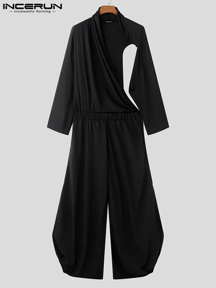 INCERUN 2024 American Style Rompers Fashion Mens Deconstruction Pleated Solid Jumpsuit Casual City Walk Clubwear Loose Jumpsuits