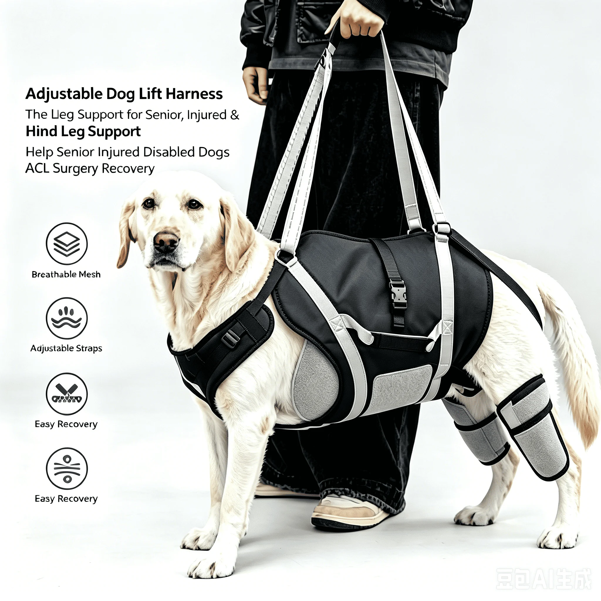 Adjustable Dog Lift Harness, Sling Brace for Large Dogs Support,Hind Leg Support Help Senior, Injured, Disabled and  ACL Surgery