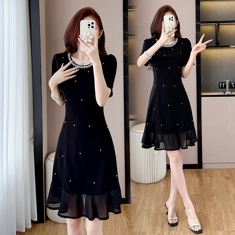 Elegant Mid-Length Fish-Tail Dress for plus Size Women Summer 2026 Fashionable Sequin Splicing Slimming Trendy Skirt Dress