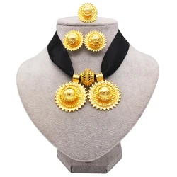 African wedding gold color jewelry sets for women Dubai bridal party gifts round pendant rope necklace bracelet earring ring set