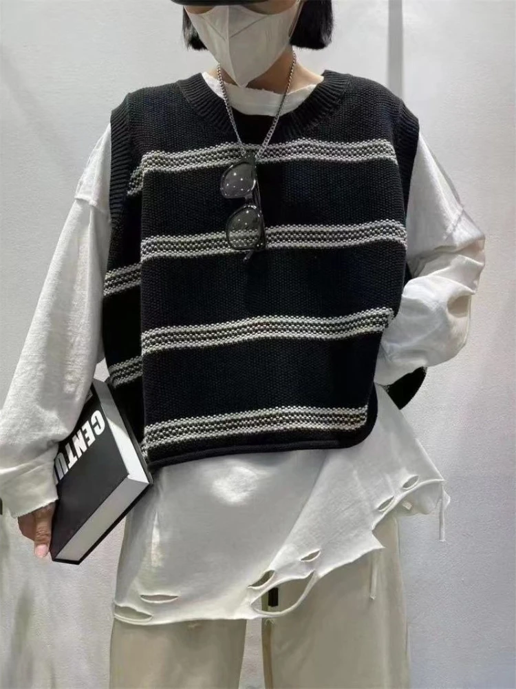 Koreański styl 2025 wiosna jesień damska dzianinowa kamizelka luźna w paski casualowa uniwersalna wyszczuplająca stylowa swobodna kamizelka młodzieżowa