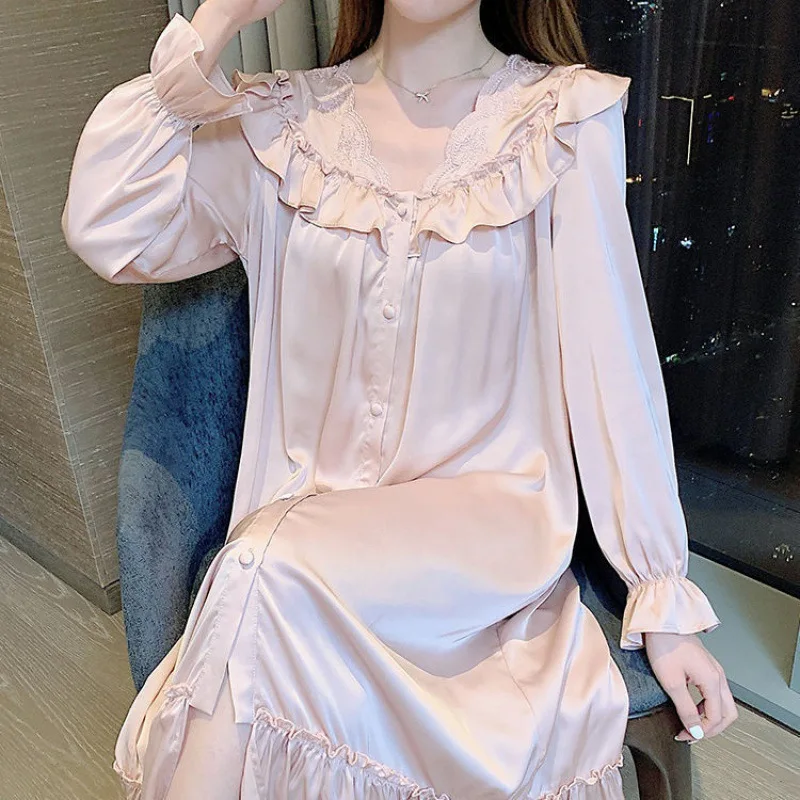 PLUS SIZE 4XL Female Nightgown French Ruffled Court Style Nightdress Sleepwear Long Sleeve Rayon Long Sleepshirt Sexy Homewear