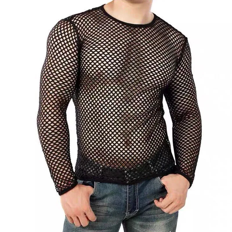 New Round Neck Hollow Out Clothes Man Summer Grid Mesh Sheer Long Sleeve American Style Plus Size Pullovers XJ157