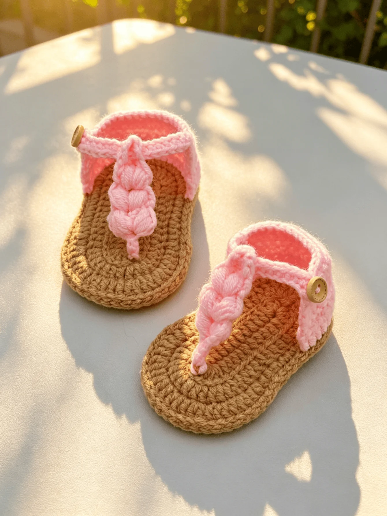 1 paire de sandales pour bébé fille faites à la main au crochet, roses avec sangle à bouton, chaussons pour nourrissons