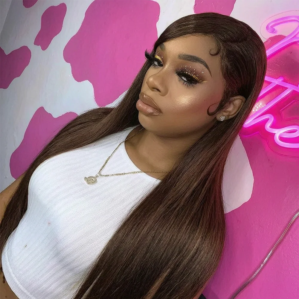 

#4 Chocolate Brown Bone Straight Human Hair Wig 13x6 HD Transparent Lace Frontal Wigs 13x4 Lace Front Wigs 220% Density Brazilian Hair For Women