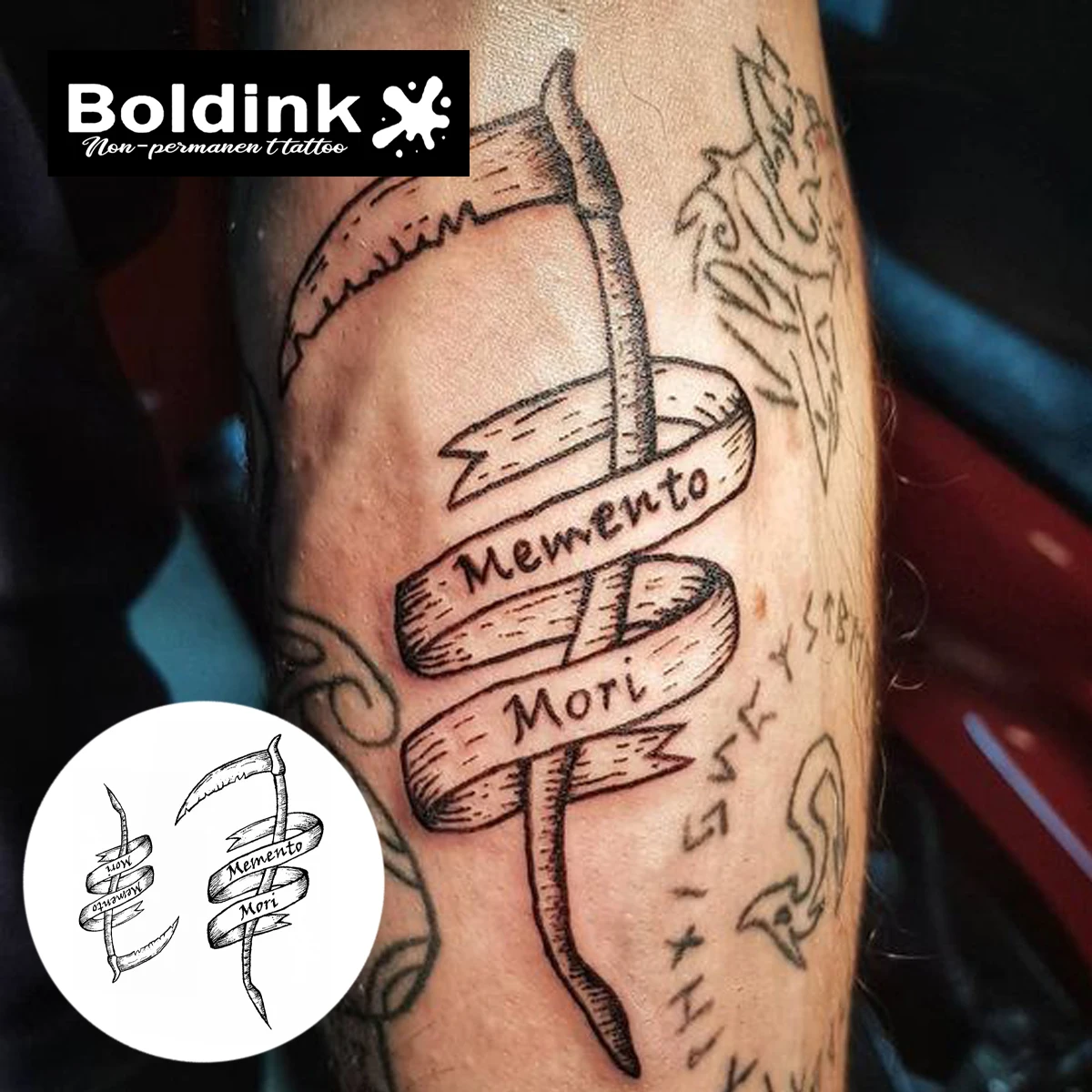 Boldink Memento Mori Scythe Design Temporary Tattoo,Lasts To 15 Days New Technology Magic Waterproof Semi Permanent Sticker.