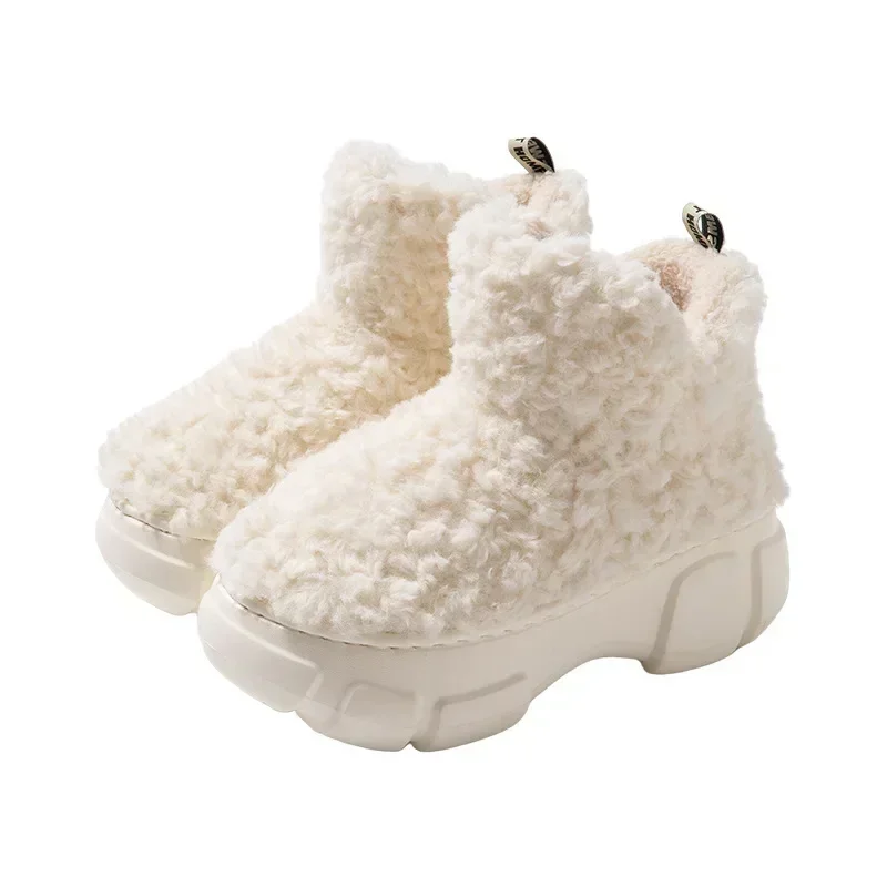 Thickened Plush Fur Warmth Household Snow Boots Cotton Women Slippers Home Boots Simple Solid Color Winter Fluffy Platform Shoes