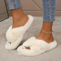 2023 Fluffy Furry Cross Band Fuzzy Slippers Cozy Open Toe Flat Plush House Shoes Comfy Warm Home Slides Winter Women Sandals