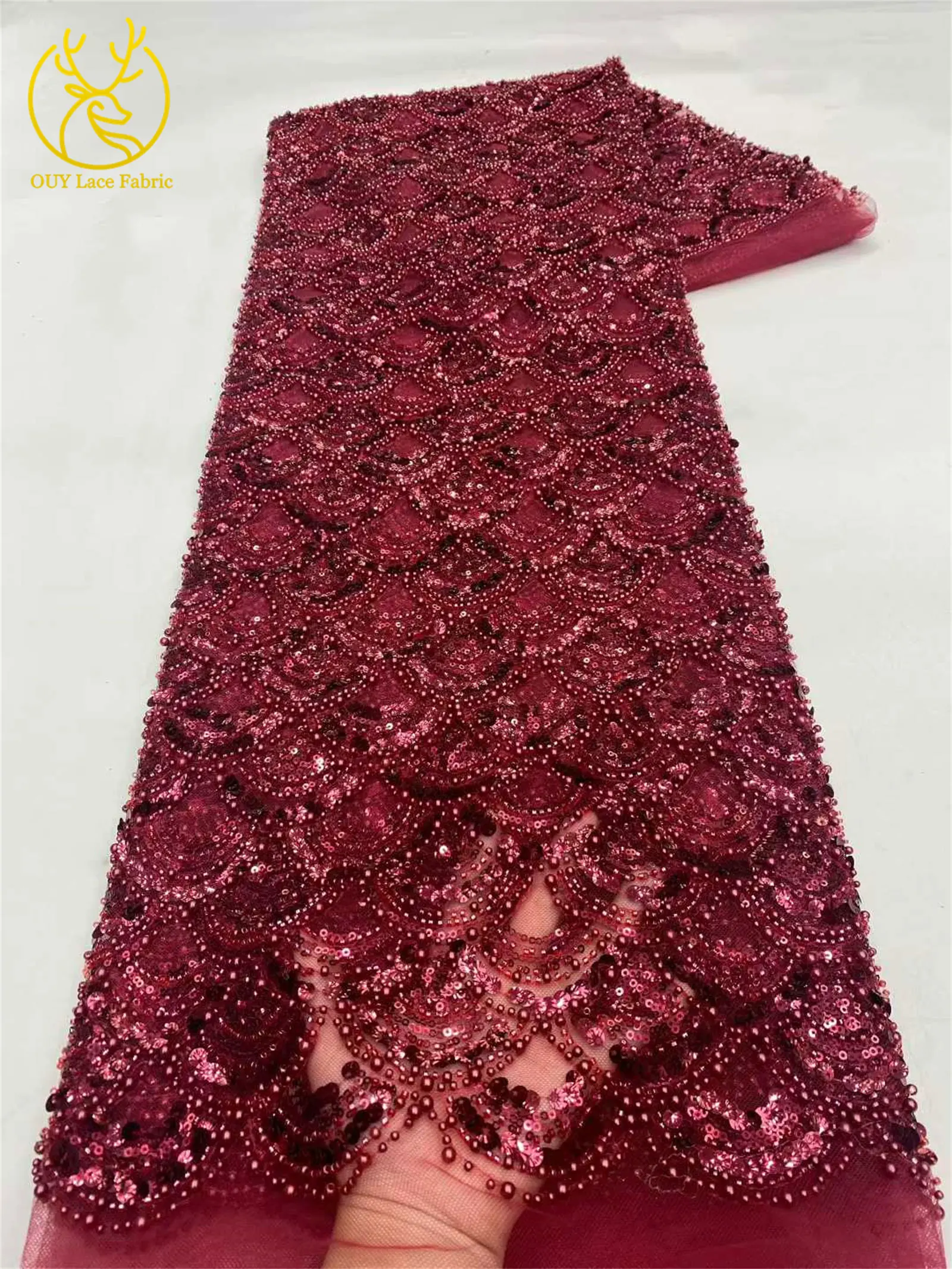 Tiefblauer afrikanischer schwerer Perlen-Spitzenstoff 2026 Hochwertiger nigerianischer Pailletten-Spitzenstoff für Hochzeit, Party, Kleid, 5 Yards – Detail 18