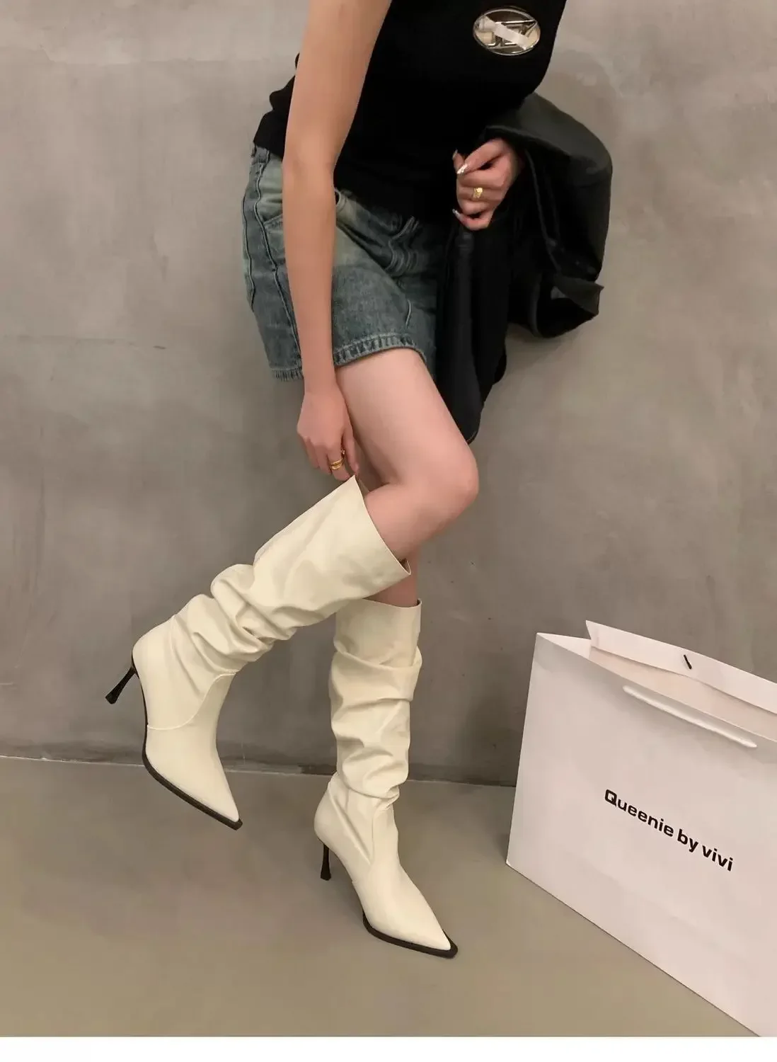 Plissierte Spitze Damen Langstiefel Street-Style High Heels Party-Stripper Damen Leder High Booties – Detail 6