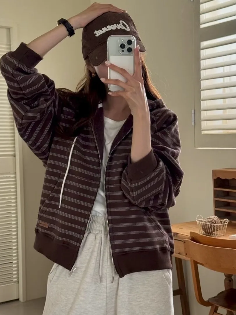 سترة بغطاء للرأس مخططة بتصميم كلاسيكي أمريكي Jaet للسيدات أنيقة وفضفاضة وكسول وسحاب مفتوح مجموعة شتوية #4