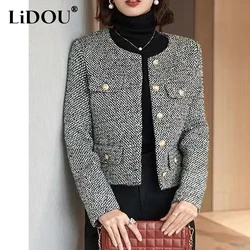 2023 Spring Autumn New Solid Color Round Neck Long Sleeve Patchwork Button Jacket Women Fashion Elegant Vintage All-match Coat