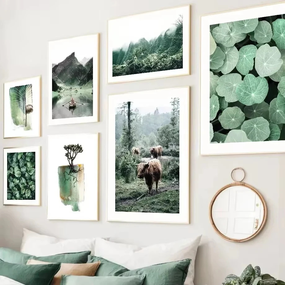 Greenfield Mountain Lake Misty LandscapeWall Art Wall Painting Flower and Leaf Poster PrintingModern Living Room Home Decoration