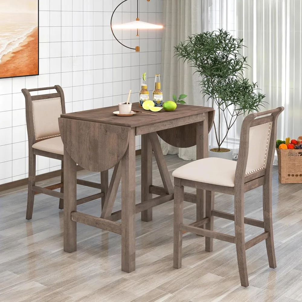 3 Piece Counter Kitchen Dining Set with Drop Leaf Dinings Table and 2 Dinings Padded Chairs, Dining Room Set for Small Places