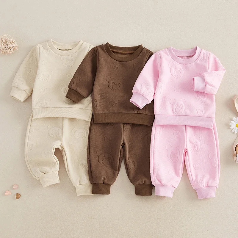 Tregren Fall Baby Girls Boys Clothes Sets Infant Newborn Bear Pattern Long Sleeve Sweatshirt Elastic Waist Pants Casual Outfits