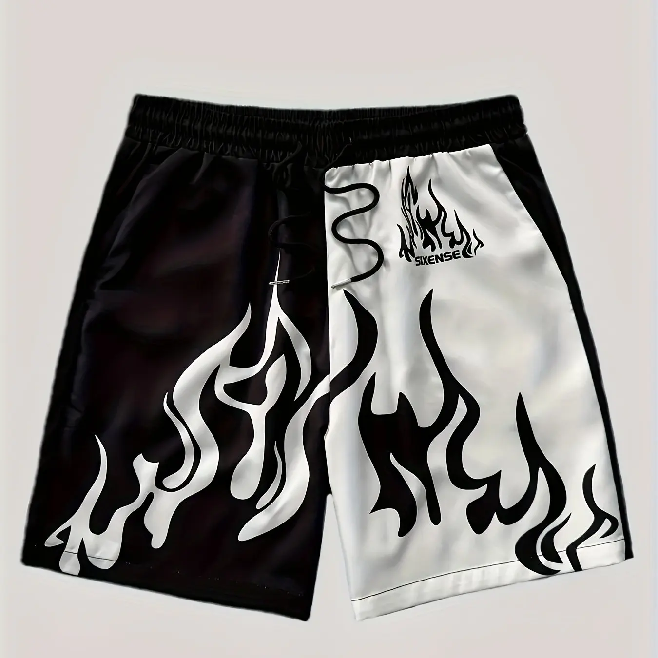 

2026 New "Sixense" Flame Print Black & White Split Color Block Drawstring Oversized Casual Shorts Men Streetwear Sports Casual