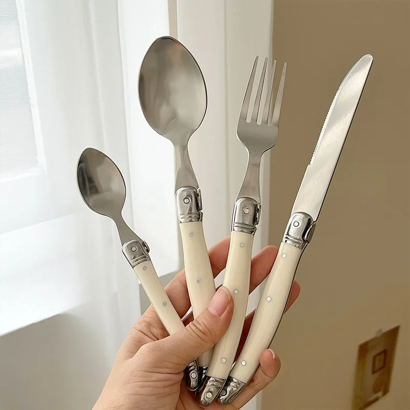 6pcs Stainless Steel Flatware Set Laguiole Tableware Ivory White Steak Knives Forks Spoons Teaspoon Best Gift Kitchen Cutlery