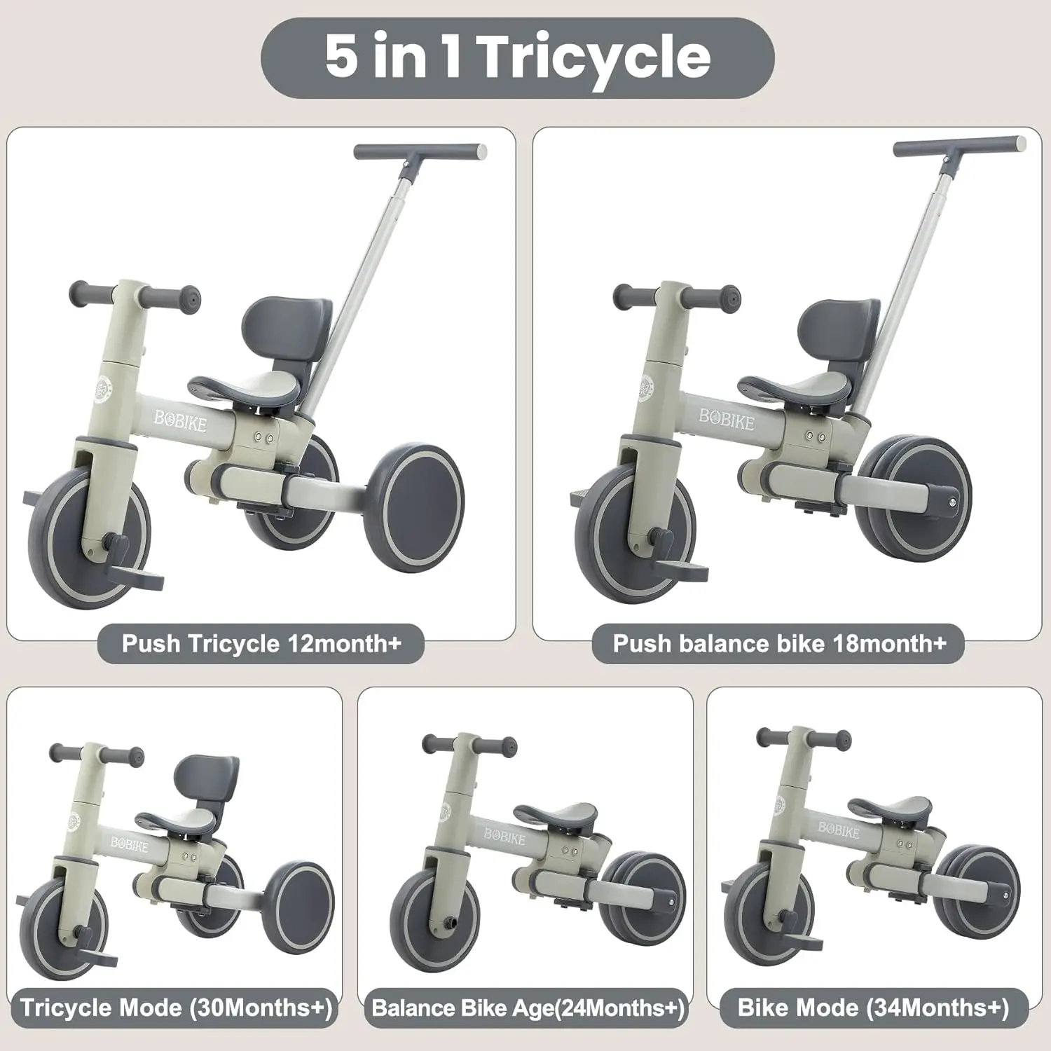 Triciclo 5 in 1 per bambini di 1-3 anni, bici per bambini, triciclo per bambini con maniglia di spinta e schienale, bici senza pedali per bambini con Ea