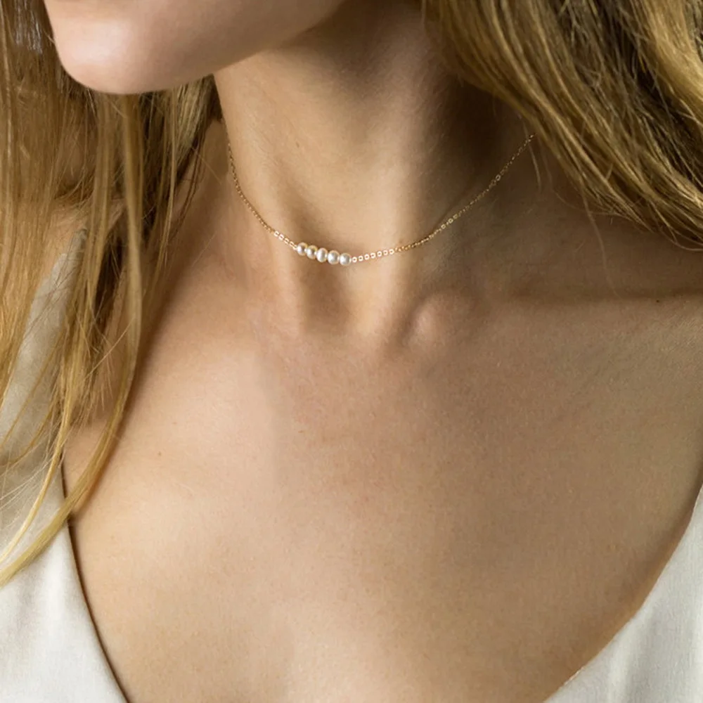 St-Delan 38CM Trendy Simple Chain Crystal Short Necklace Women Stainless Steel Clavicle Chain Imitation Pearl Choker‌ Jewelry