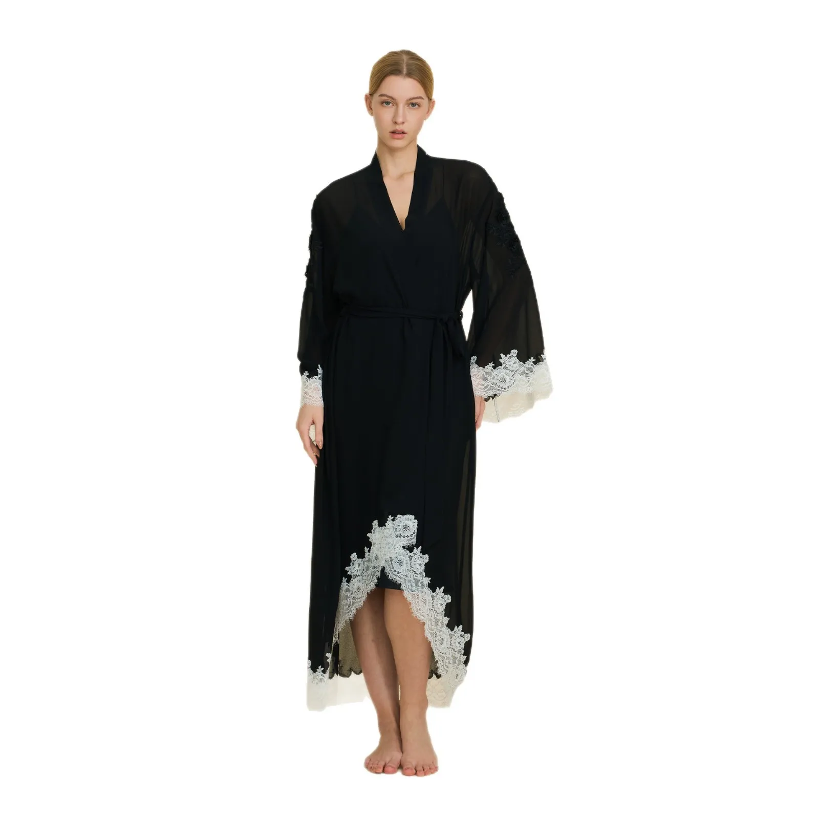 Sexy Perspective Long Robe Lingerie High Quality Satin Chiffon Women Sleepwear Nightgown New Nightwear Bathrobe Dressing Gown