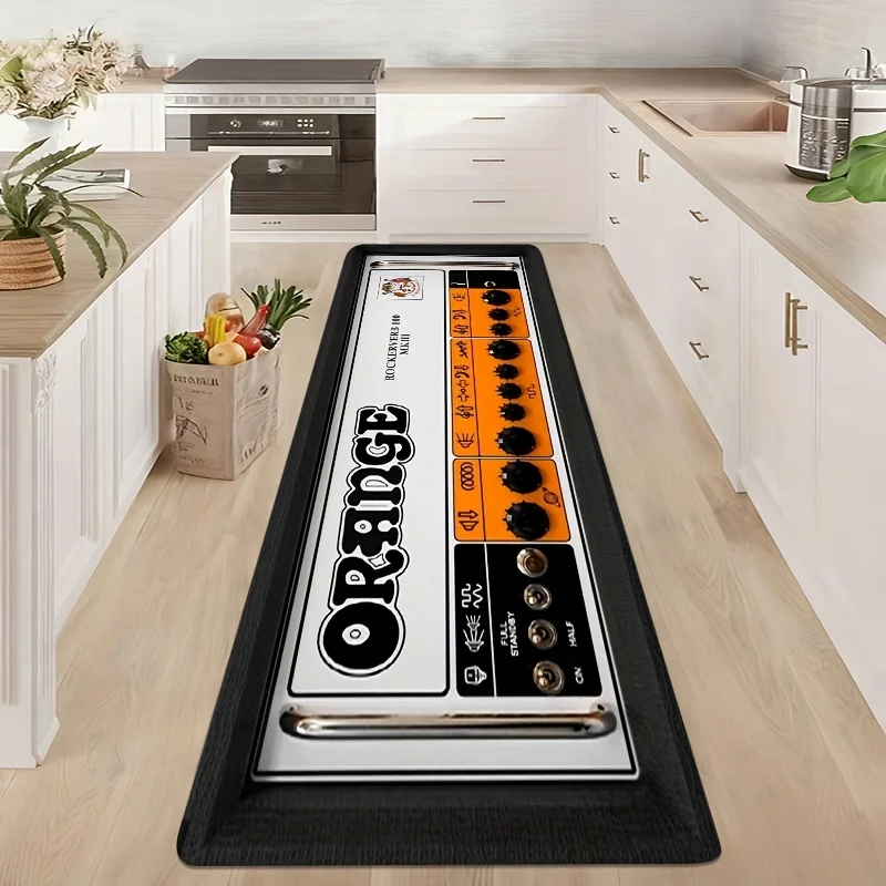 Retro Guitar Amplifier Long Runner Rug  Orange Amp Panel Rock Music Instrument Print Unique Kitchen Hallway Entry Decor Area Rug