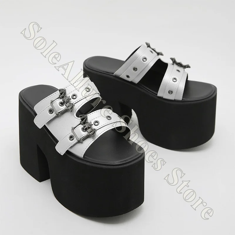 

Platform Slide Sandals Double Straps Metal Bat Buckle Non Comfortable Cushioned Supportive Lightweight Breathable Gothic Sandals