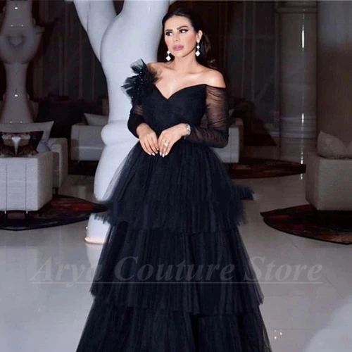 Imagen 2 del producto Vestido de fiesta escalonado de tul negro clásico con cuello en V y hombros descubiertos mangas largas corte en A vestido de fiesta largo hasta el suelo personalizado para mujer