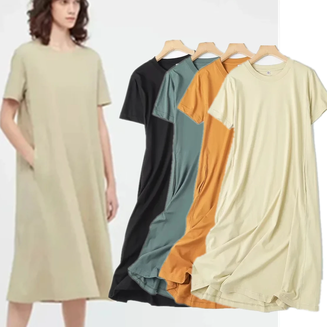 

Maxdutti Indie Folk Vintage Loose Round Collar Knitted Dress Pure Cotton Multicolor Short Sleeve Casual Midi Dress Women