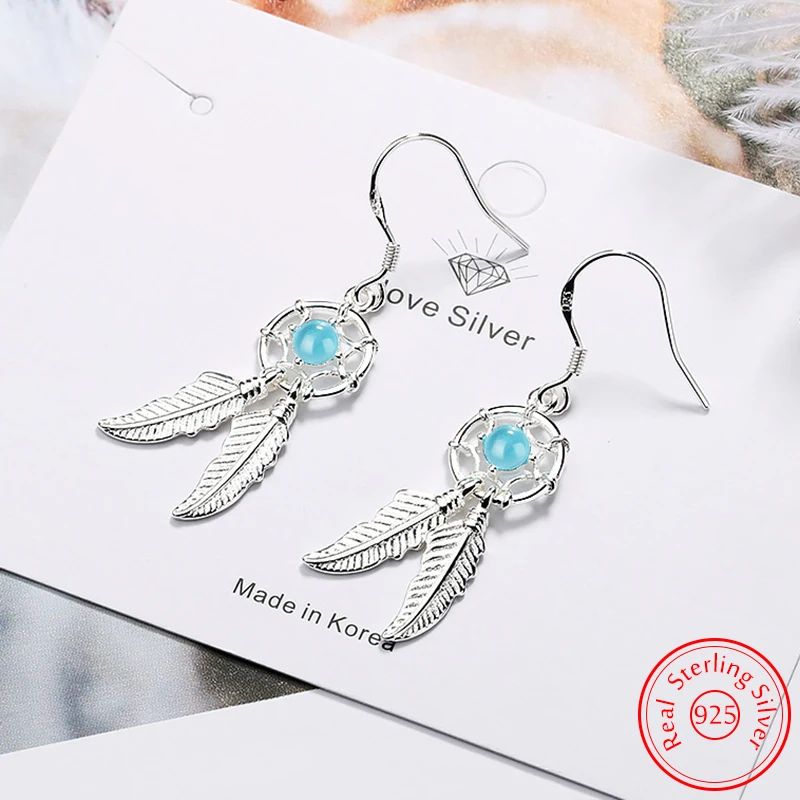 

Solid 925 Sterling Silver Quality Jewelry Fashion Opal Feather Drop Earrings For Women New FQL25027