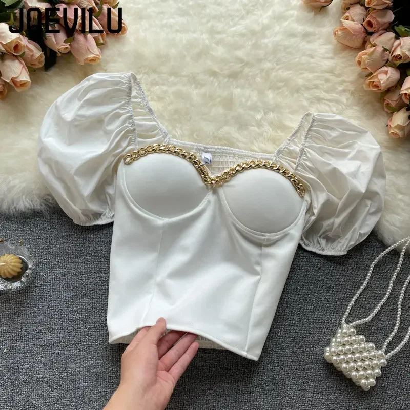 Belly Button Shirt Chic Chain Off Shoulder Expose Clavicle Tank Top Summer Puff Sleeve Crop Tops Women Elegant Sexy Slim Blouses