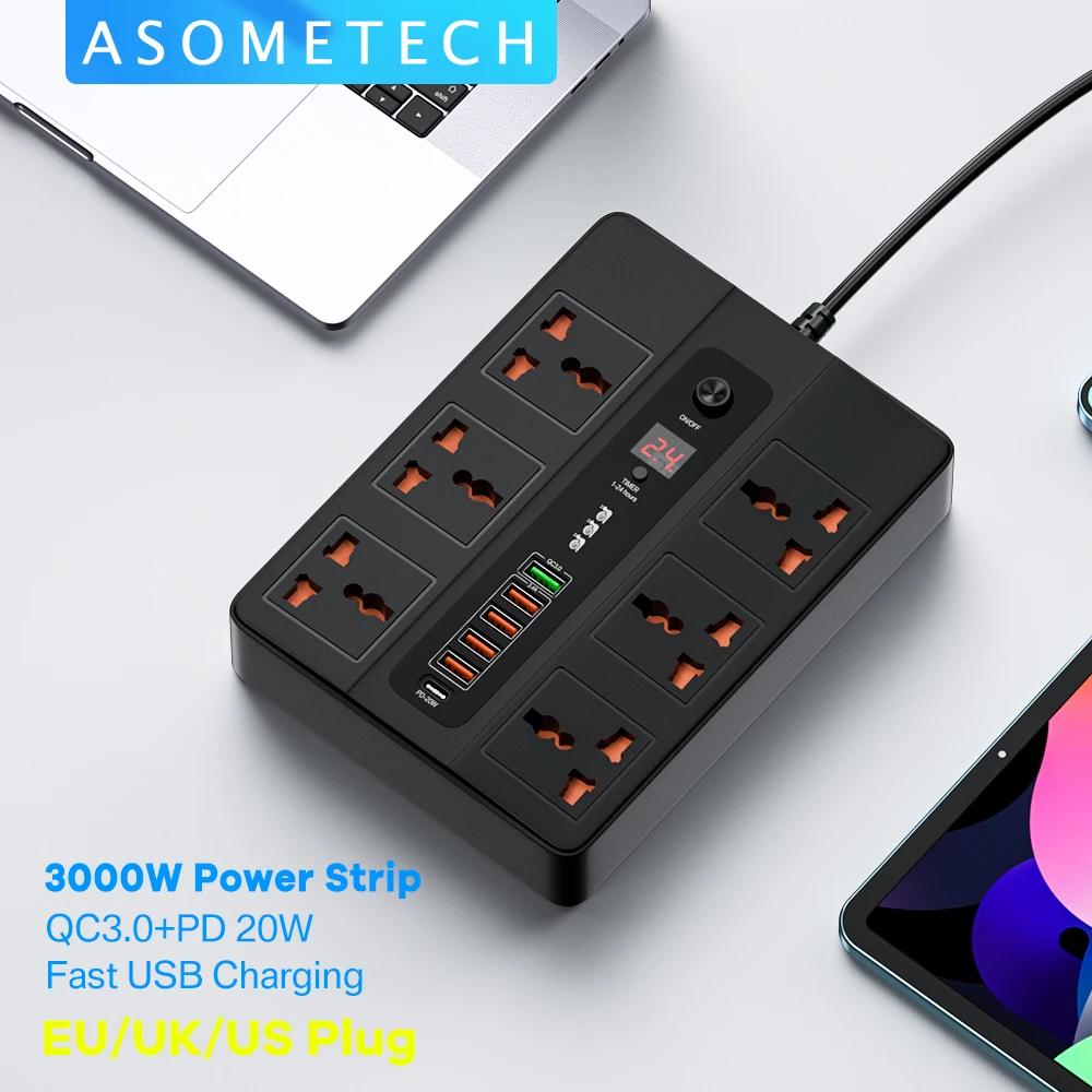 3000W 6 Outlet Socket with 6 USB Type C PD 20W Charge Ports Universal Outlets 2 Meter Extension Socket Power Strip EU for Home